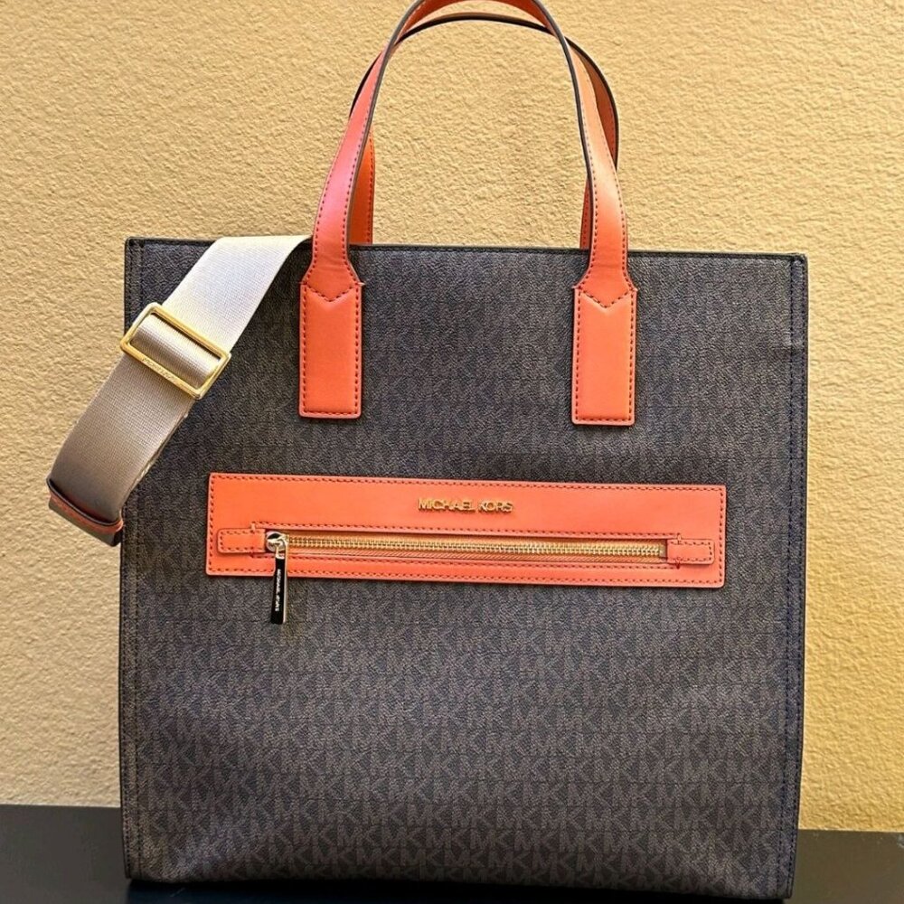 NEW Michael Kors Kenly NS Signature Large Tote Bag Purse Tangerine Trim $398 New